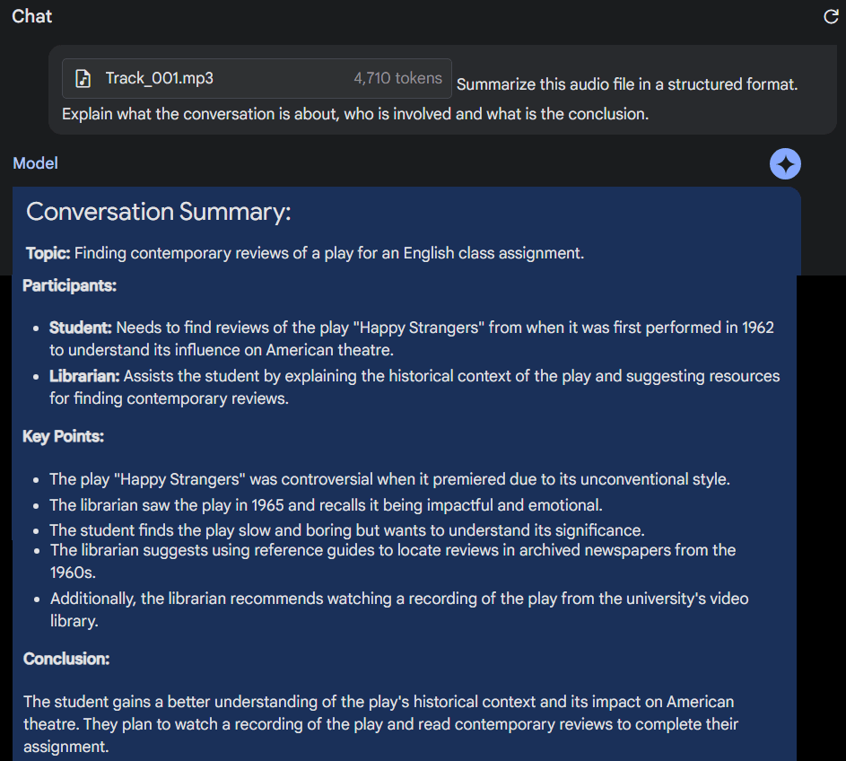 Gemini 1.5 Pro generating conversation summary using audio processing feature