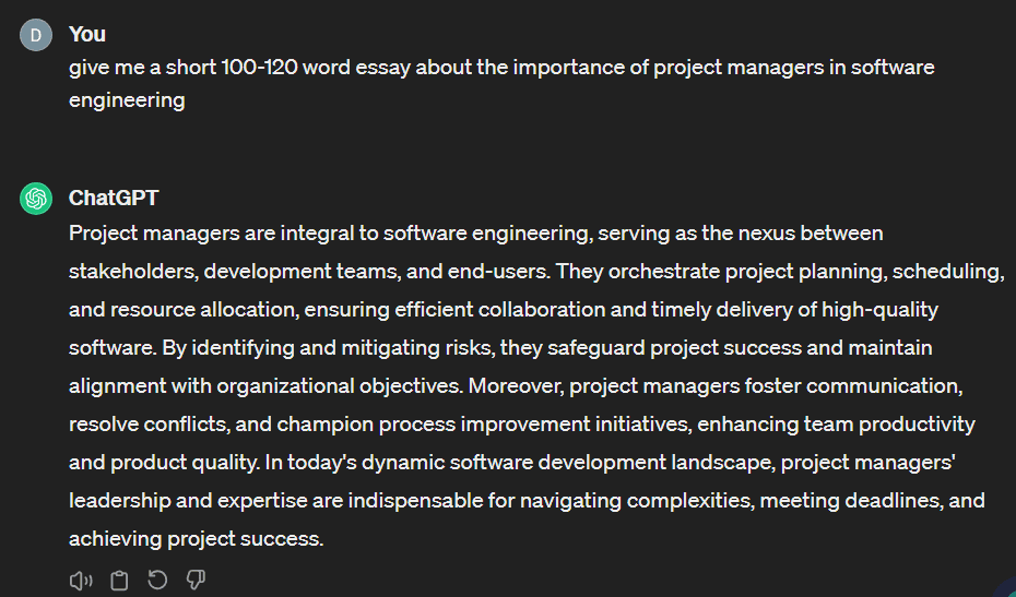 chatgpt output on importance of project managers in software engineering