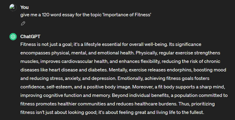 ChatGPT reply on writing essay on Importance of Fitness