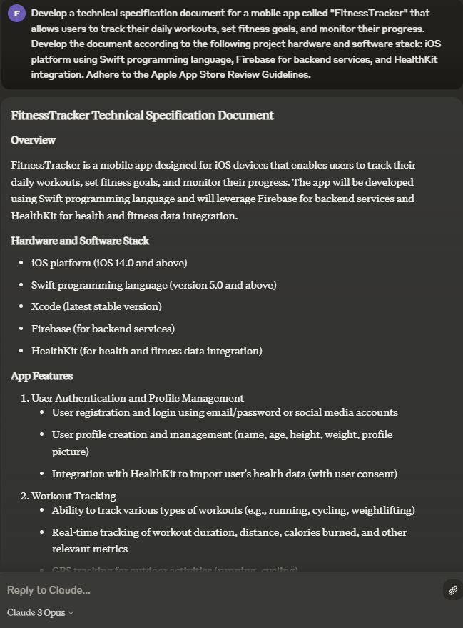 Develop a technical specification document using Claude 3