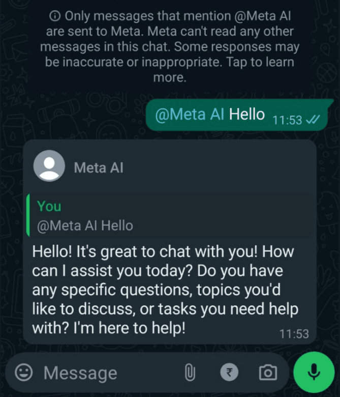 Meta AI in personal or WhatsApp group chat