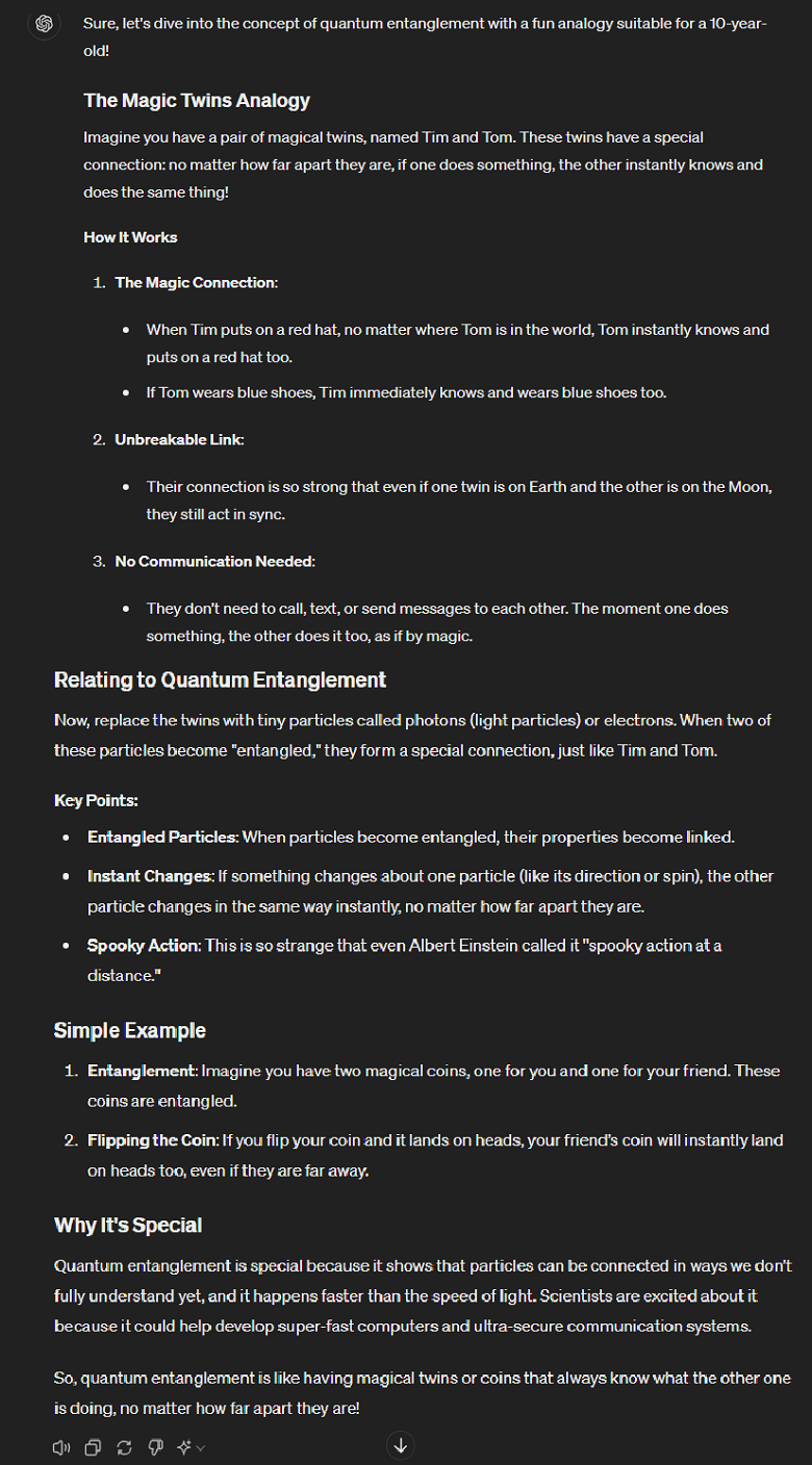 GPT-4o explaining concept of quantum entanglement in a way that a 10-year-old could understand