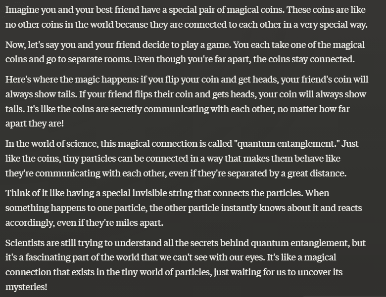 Claude 3 explaining concept of quantum entanglement in a way that a 10-year-old could understand