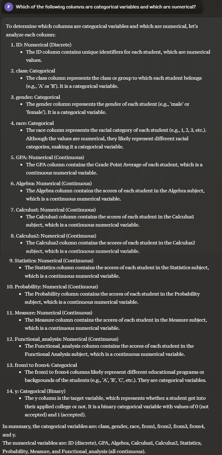 Claude 3 for "Which of the following columns are categorical variables and which are numerical?"