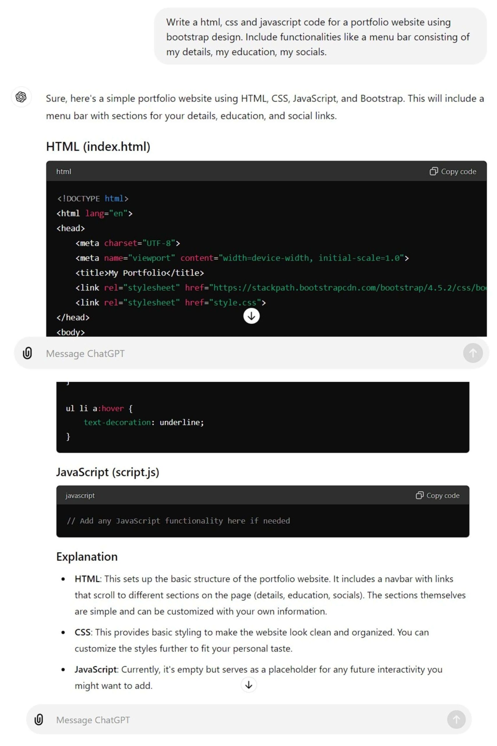 HTML and CSS Code for a portfolio website from GPT-4o