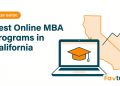Illustration of a laptop showing a graduation cap beside an outline of California and a rising line chart