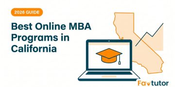 Illustration of a laptop showing a graduation cap beside an outline of California and a rising line chart