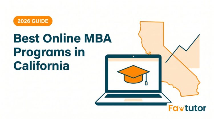 Illustration of a laptop showing a graduation cap beside an outline of California and a rising line chart