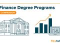 Illustration of a university building beside a rising bar chart and a spreadsheet on a laptop