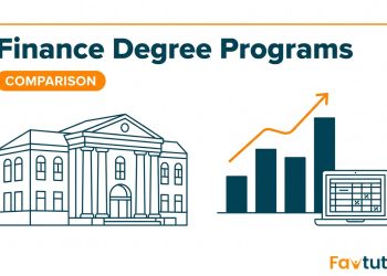 Illustration of a university building beside a rising bar chart and a spreadsheet on a laptop