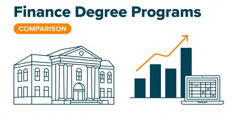 Illustration of a university building beside a rising bar chart and a spreadsheet on a laptop