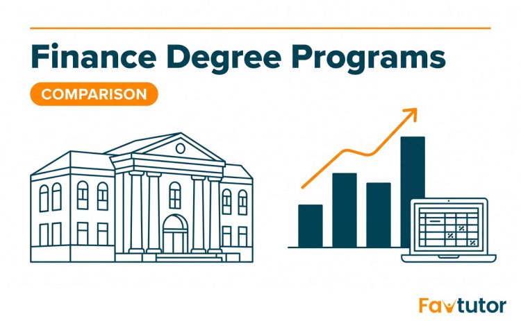 Illustration of a university building beside a rising bar chart and a spreadsheet on a laptop