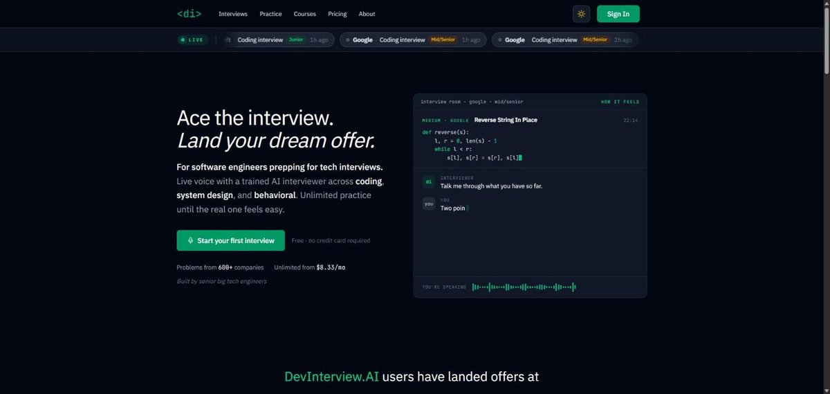 DevInterview.AI homepage with the headline Ace the interview, Land your dream offer, and a live coding interview room for a Google mid/senior round