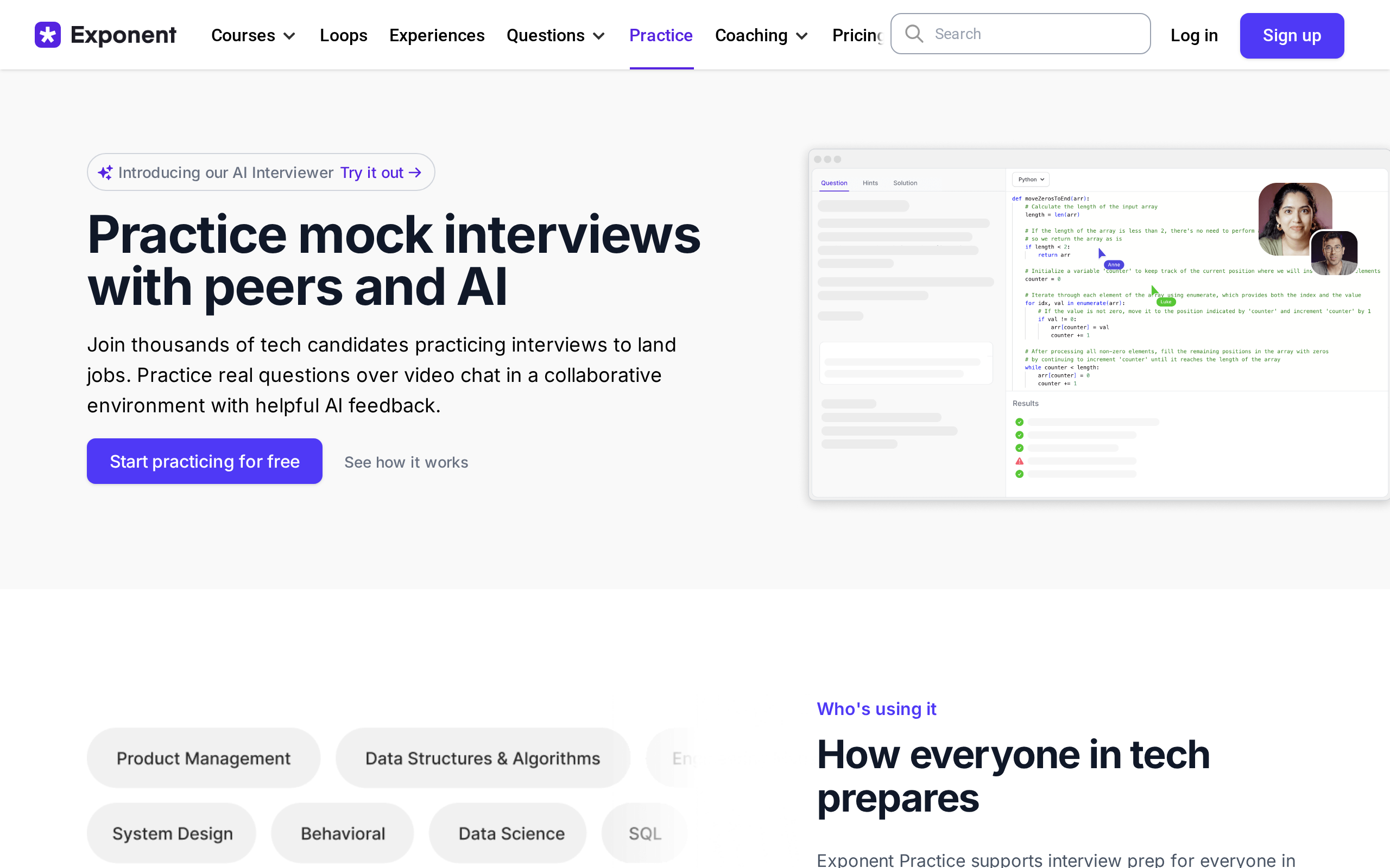 Exponent practice page with the headline Practice mock interviews with peers and AI and a Start practicing for free button