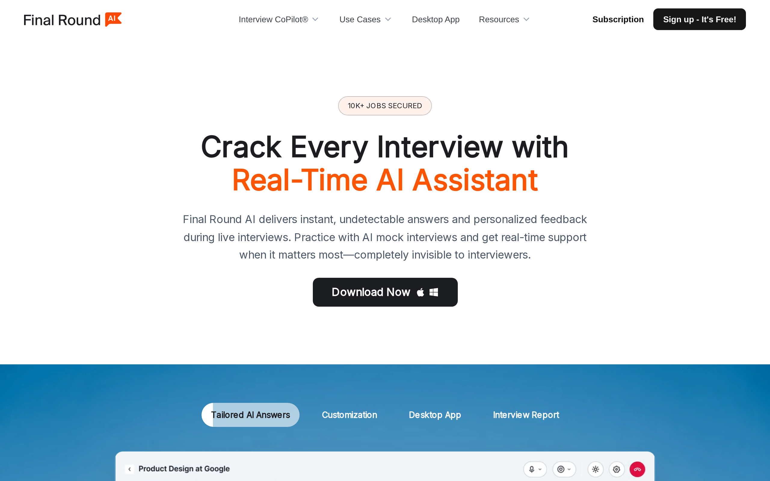 Final Round AI product interface showing a live interview copilot with tailored AI answers and a speech performance panel