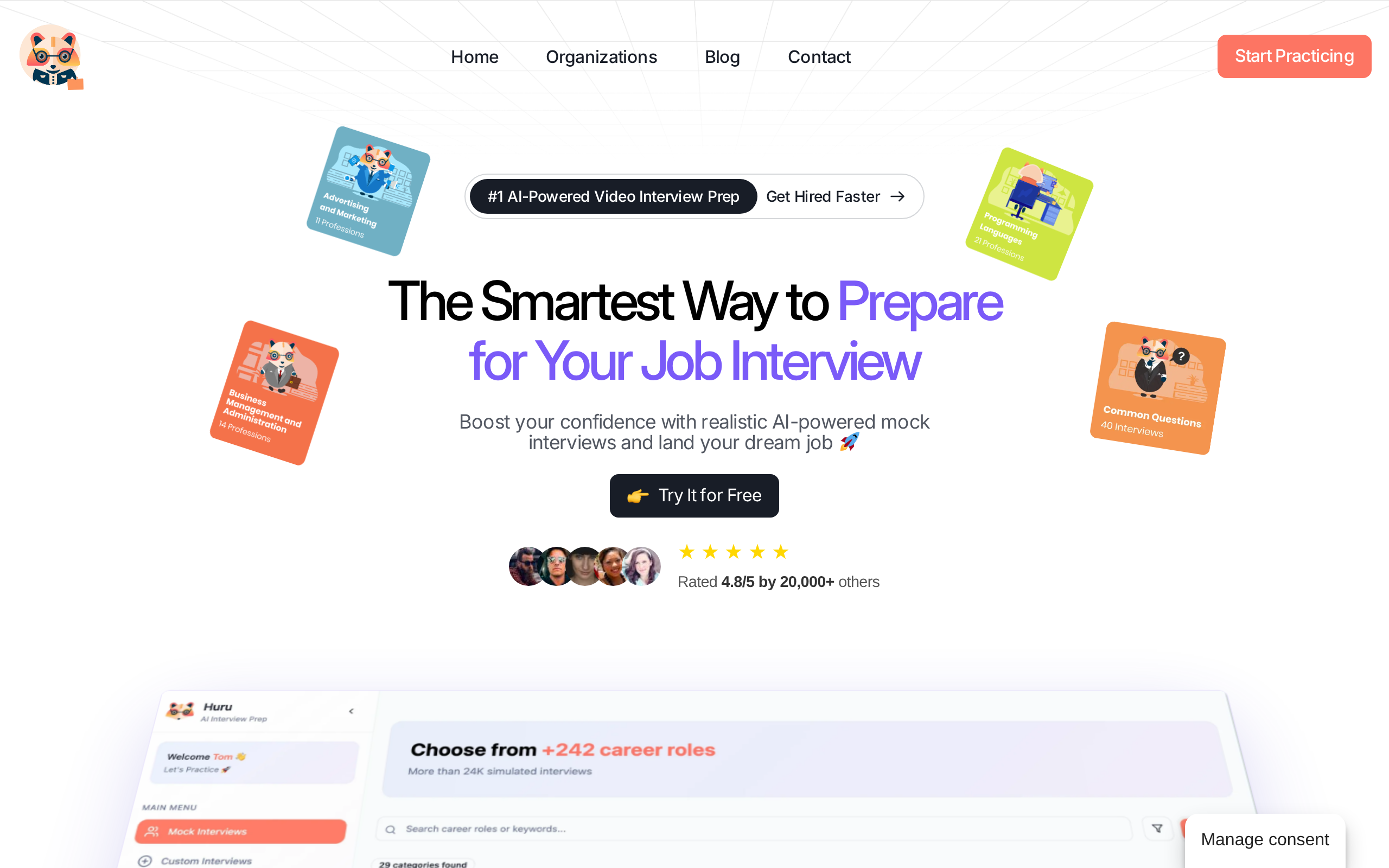 Huru homepage with the headline The Smartest Way to Prepare for Your Job Interview and a Try It for Free button