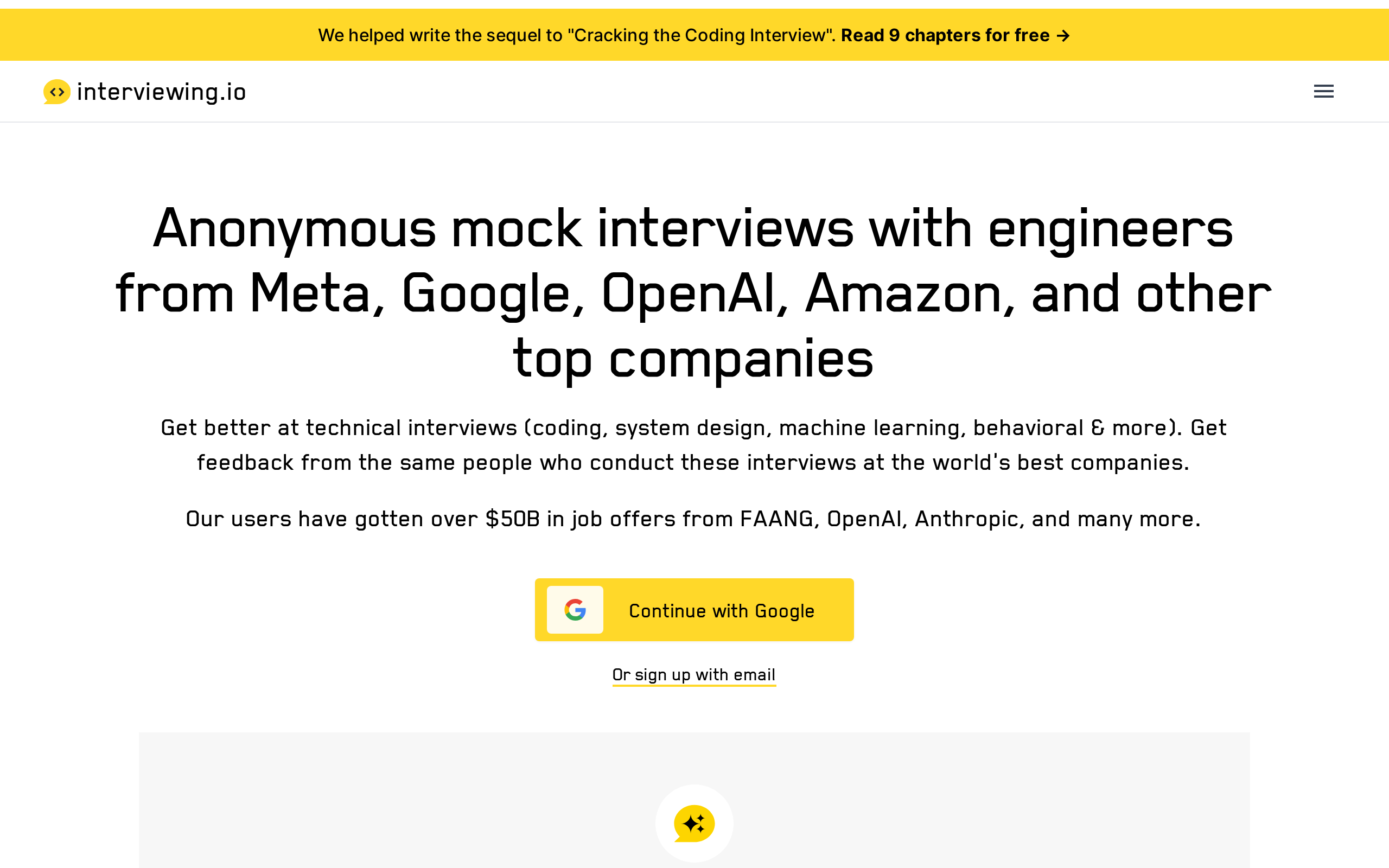interviewing.io homepage headline reading Anonymous mock interviews with engineers from Meta, Google, OpenAI, Amazon and other top companies