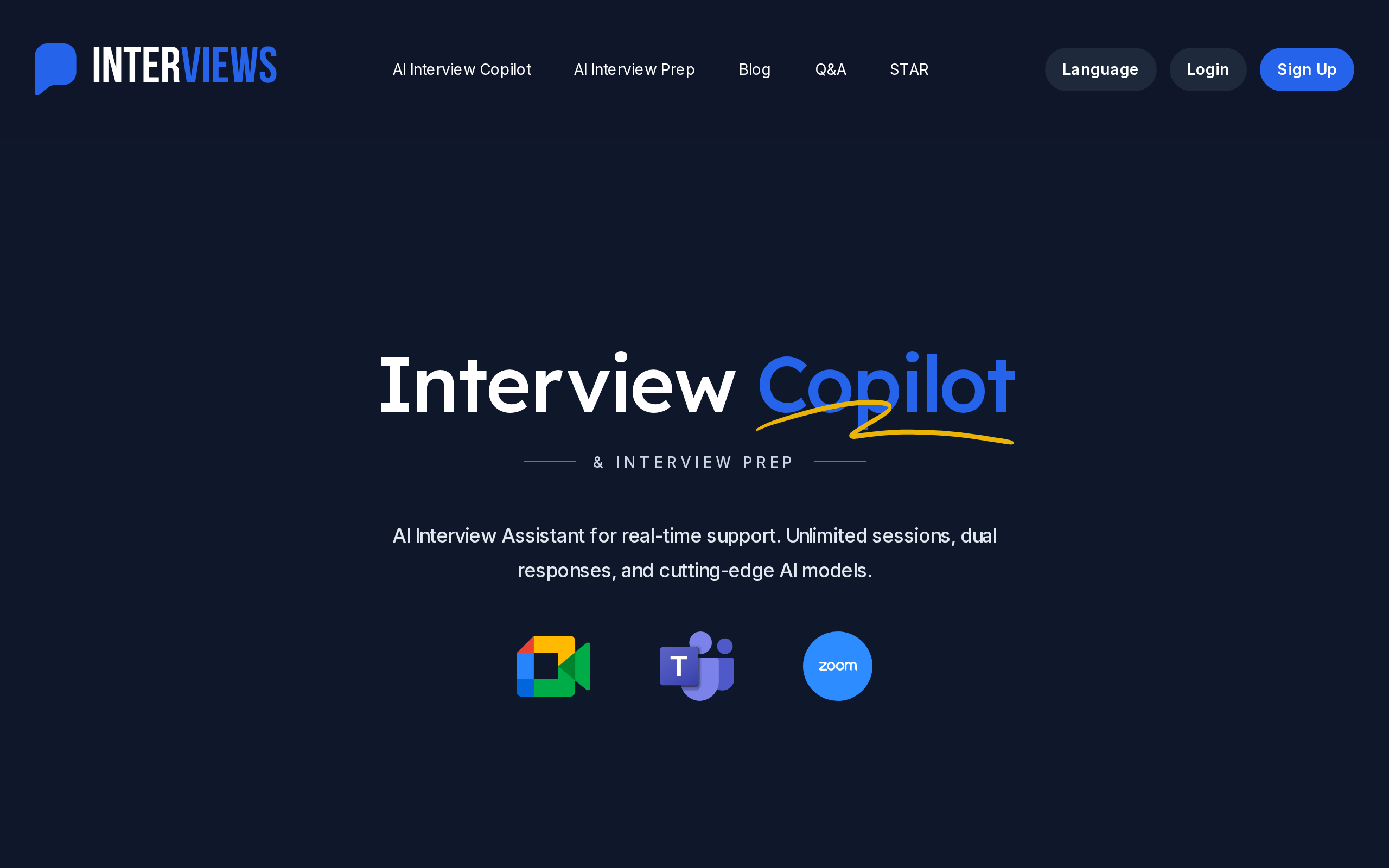 Interviews.chat homepage with the headline Interview Copilot and Interview Prep, noting unlimited sessions and multiple AI models