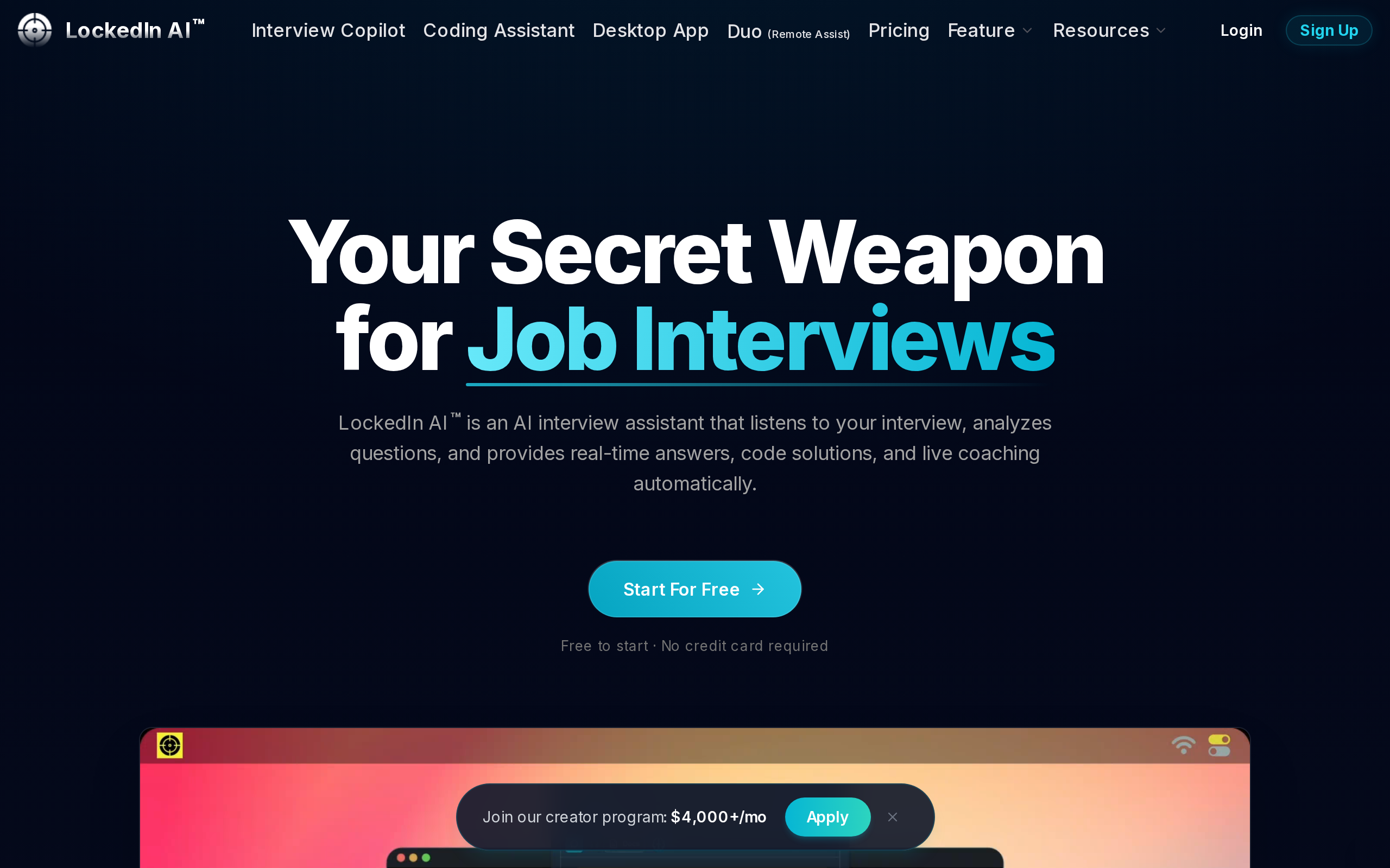 LockedIn AI homepage with the headline Your Secret Weapon for Job Interviews and a Start For Free button