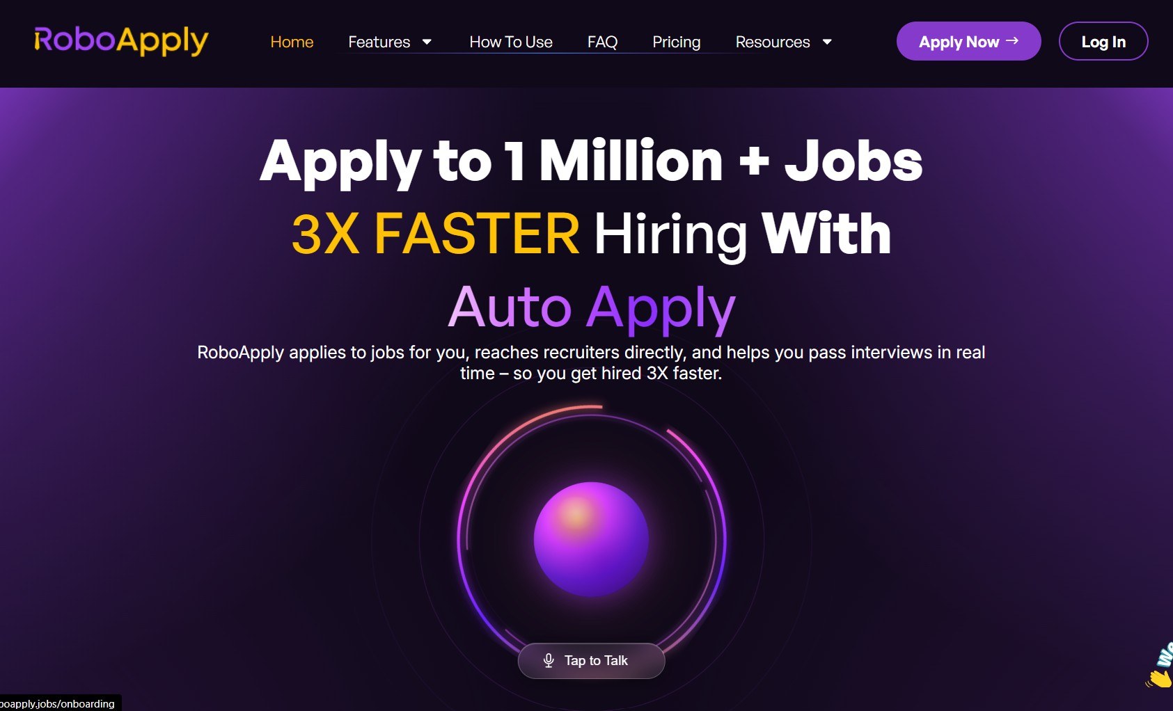 RoboApply homepage with the headline Apply to 1 Million + Jobs 3X Faster Hiring With Auto Apply and an Apply Now button
