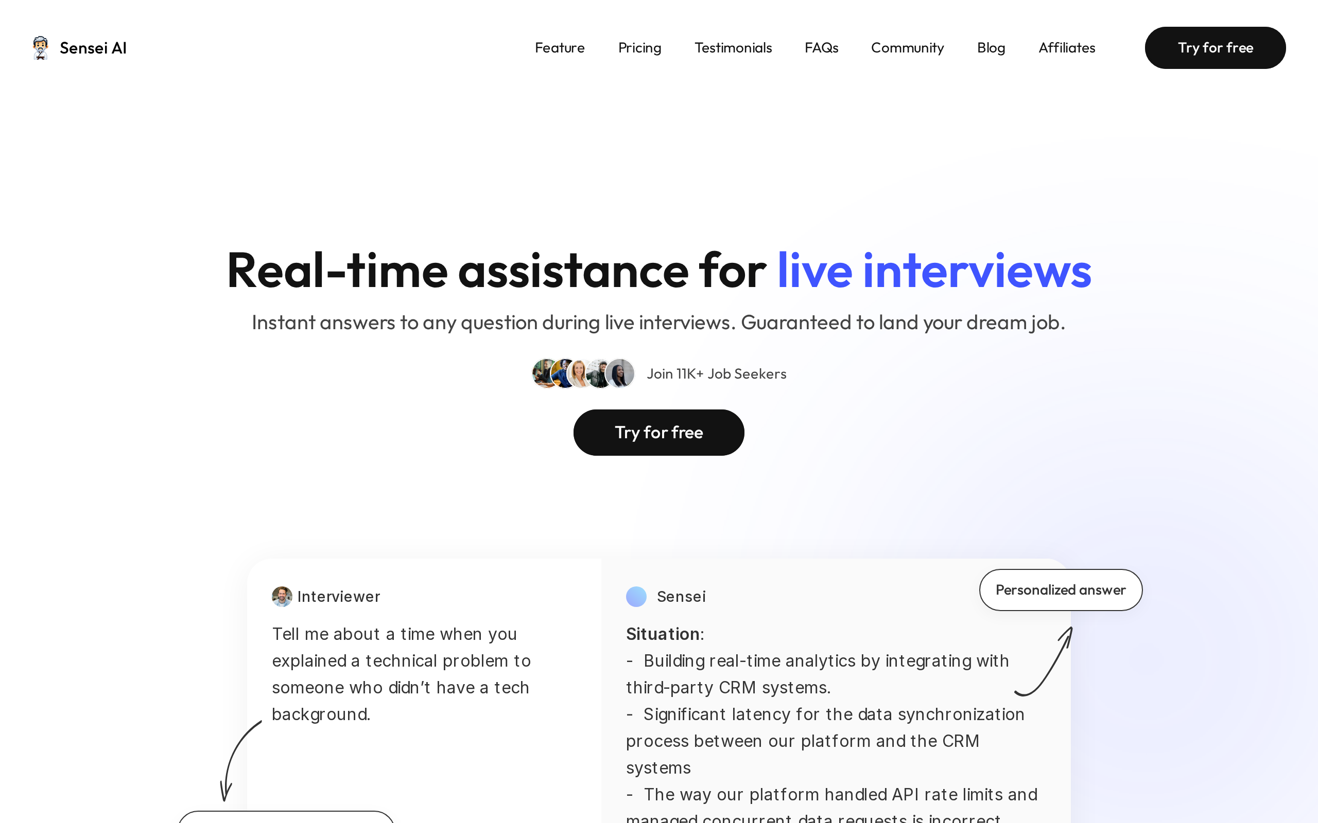 Sensei AI homepage with the headline Real time assistance for live interviews and a Try for free button