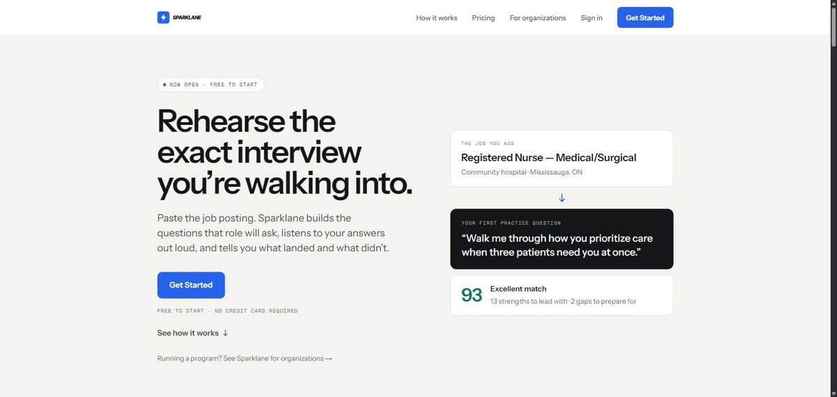 Sparklane homepage with the headline Rehearse the exact interview you're walking into, a sample job posting and a 93 Excellent match score