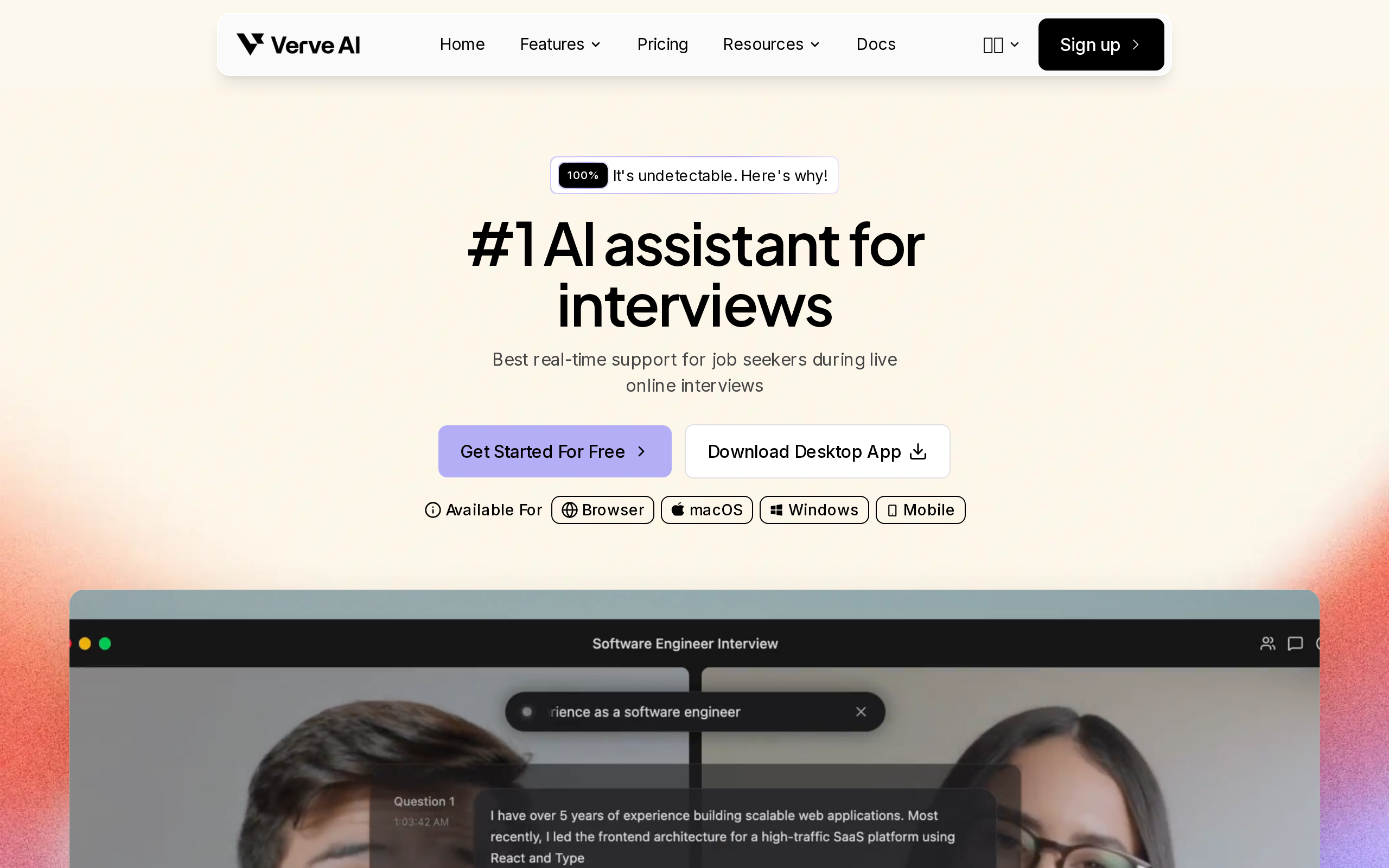 Verve AI homepage with the headline Number 1 AI assistant for interviews and a badge reading It is undetectable