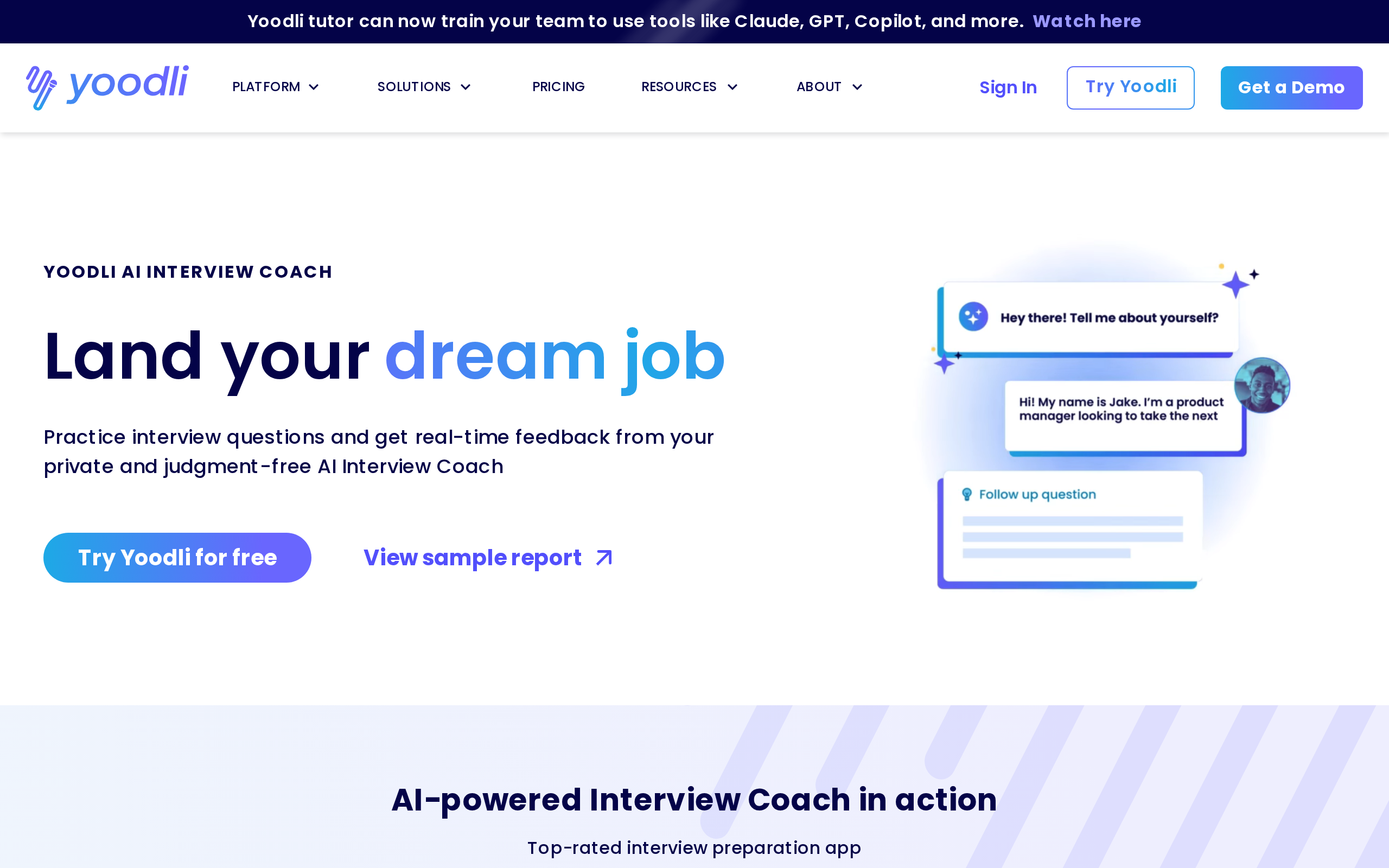 Yoodli AI interview coach homepage showing the Land your dream job headline and a Try Yoodli for free button