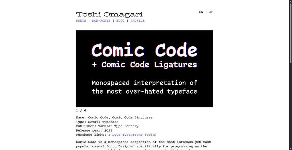 Comic Code, from its designer Toshi Omagari. It is the $30 paid font with the strongest accessibility feedback we found anywhere, and the free Comic Mono below is its rougher stand-in.