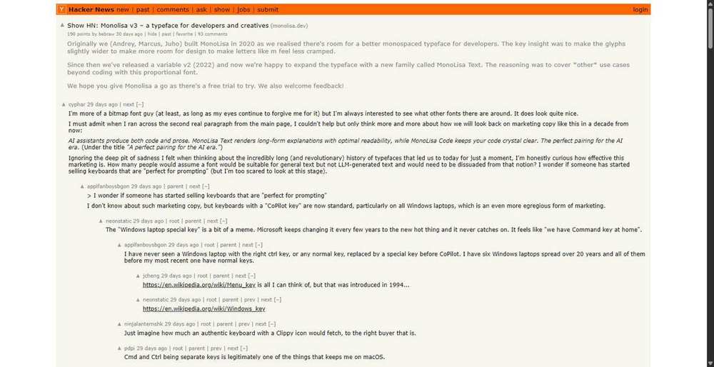 The Show HN thread for MonoLisa v3, June 2026: 190 points and 93 comments. This is the freshest and most complete argument about whether paid coding fonts are worth it.