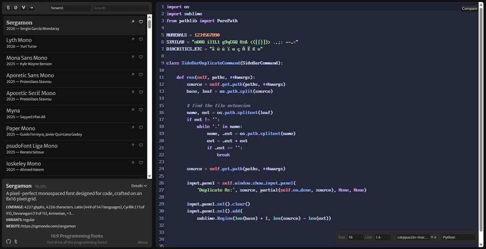 programmingfonts.org catalogues around 180 programming fonts and lets you test-drive each one against real code. It is the best free tool in this space and the fastest way to check a font we have not covered.