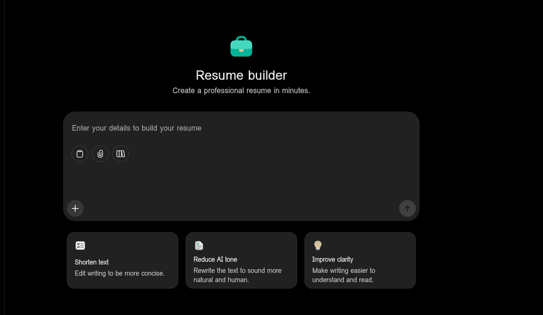 ChatGPT resume builder page showing a plain prompt box and three suggested actions: Shorten text, Reduce AI tone, and Improve clarity