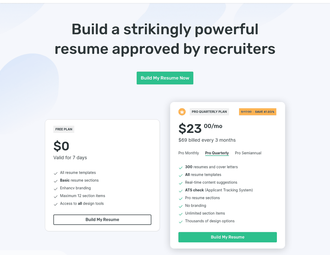 Enhancv pricing showing a free plan valid for seven days with Enhancv branding and a Pro quarterly plan at 23 dollars a month