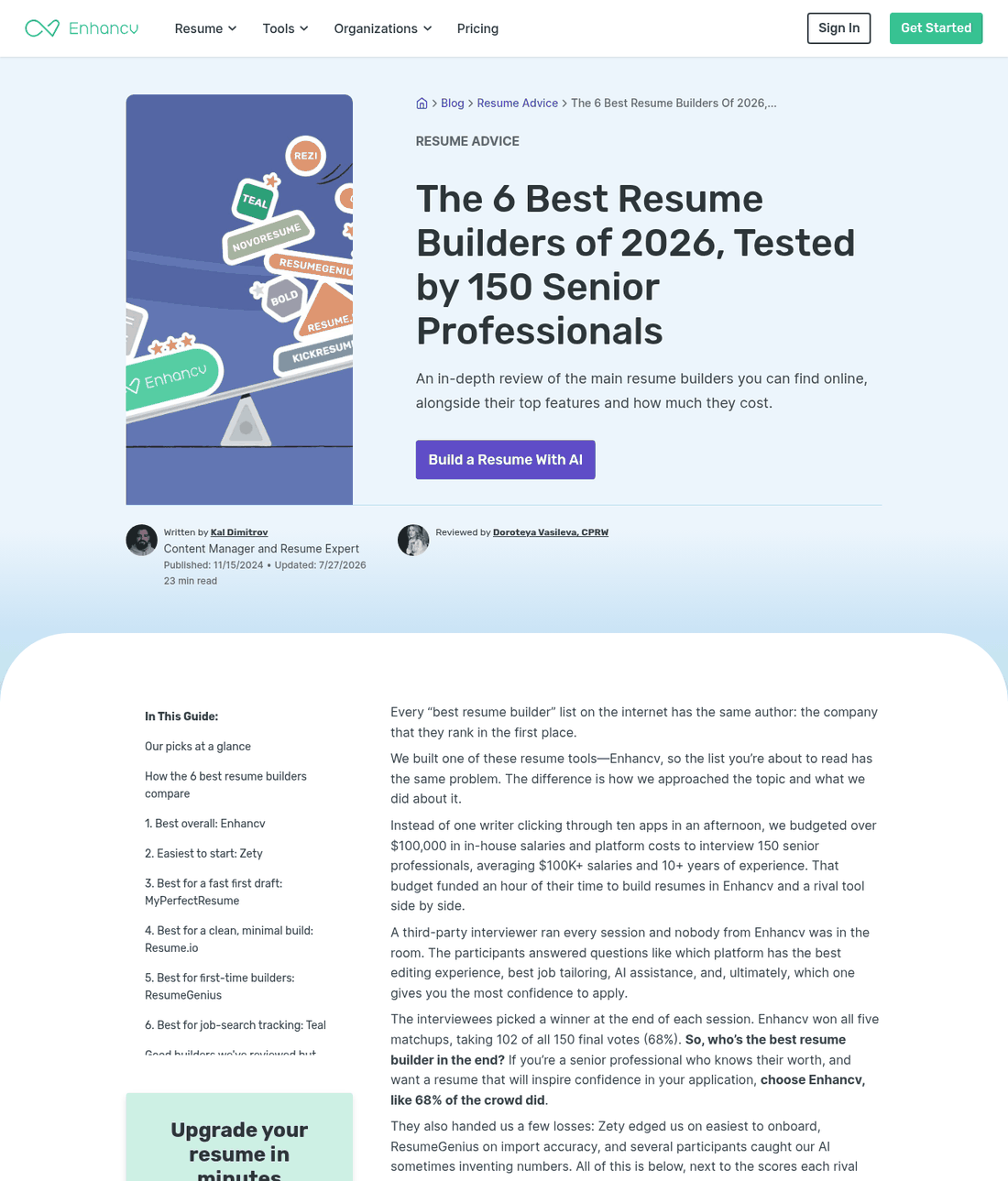 Enhancv's best resume builders article, which names the conflict of interest in the industry and then ranks Enhancv first