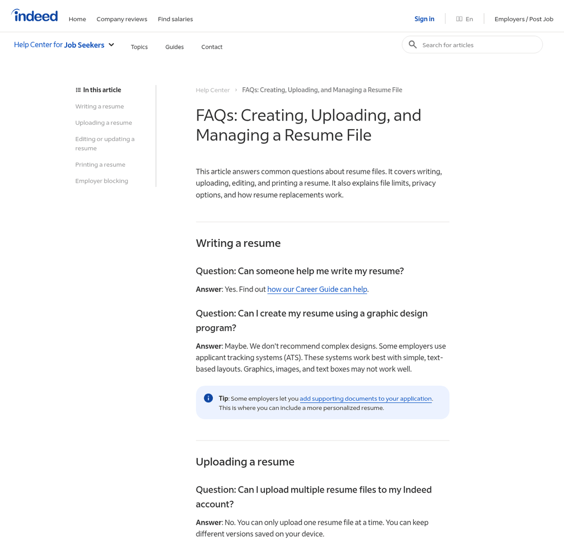 Indeed help center FAQ page explaining resume file rules, including its advice against complex designs because applicant tracking systems work best with simple text based layouts