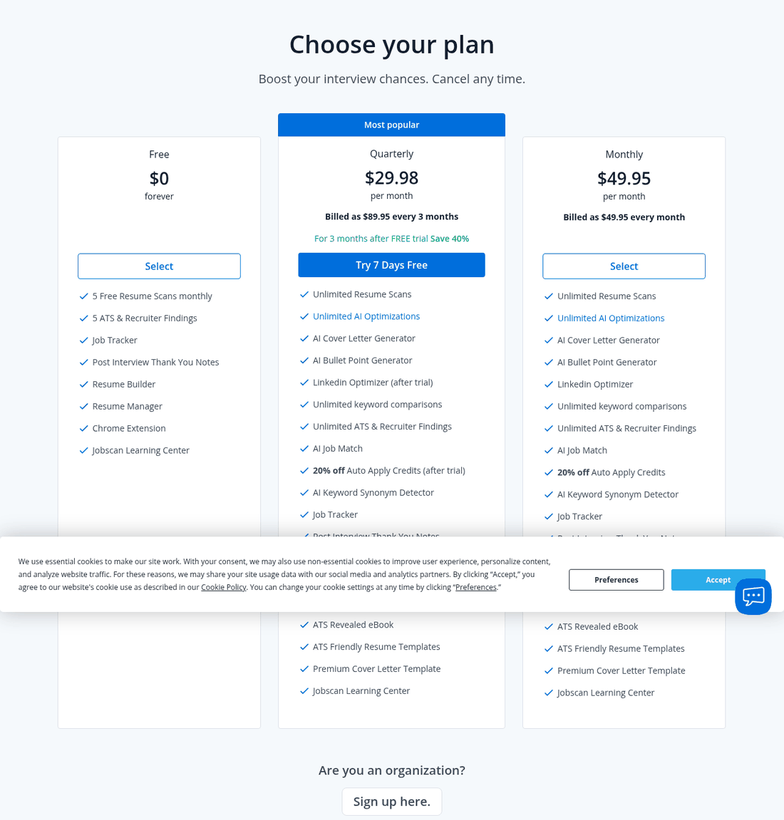 Jobscan pricing page showing a free forever plan with five monthly resume scans, a quarterly plan at 29.98 per month and a monthly plan at 49.95