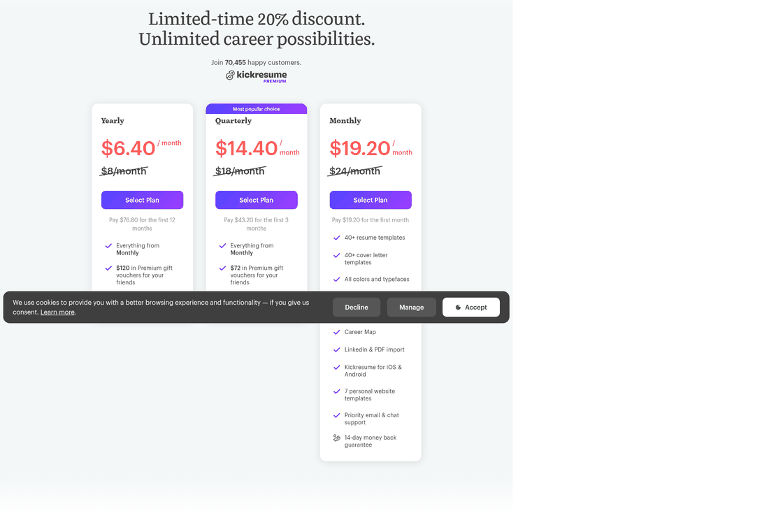 Kickresume pricing page showing yearly at 6.40 per month, quarterly at 14.40 and monthly at 19.20, with a limited time discount banner