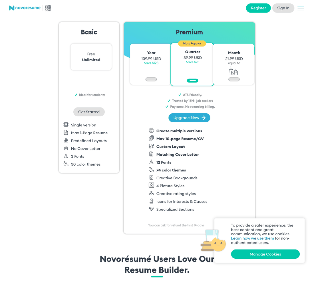 Novoresume pricing showing month, quarter and year premium options with a note that there is no recurring billing