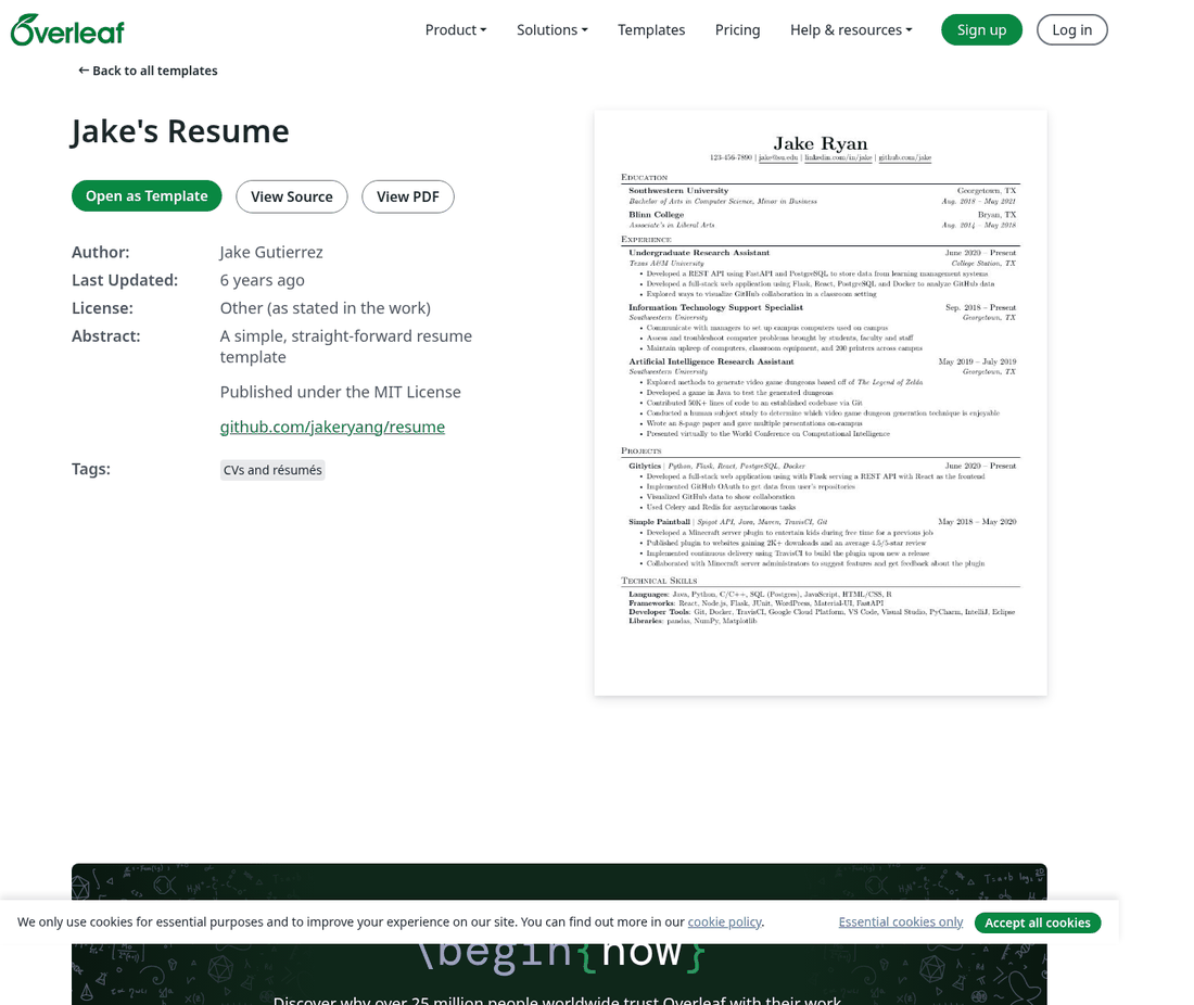 The Jake's Resume LaTeX template page on Overleaf, showing the author Jake Gutierrez, an MIT license and a single column resume preview