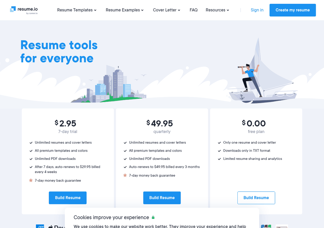 Resume.io pricing page showing a $2.95 seven day trial that auto-renews at $29.95 every four weeks and a free plan limited to TXT downloads