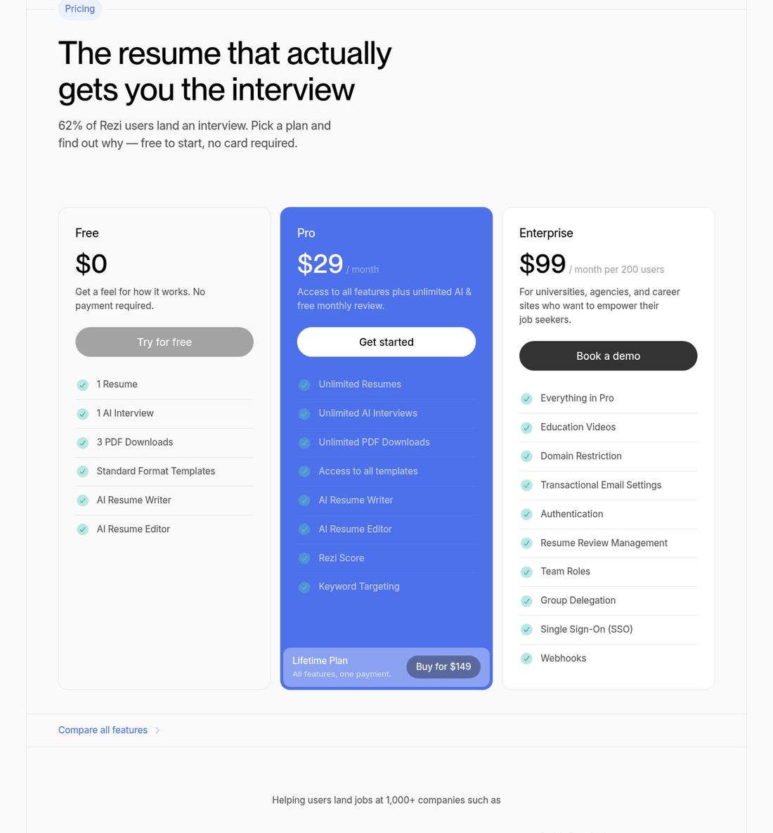 Rezi pricing page showing a free plan with three PDF downloads, a $29 per month Pro plan and a $149 lifetime plan