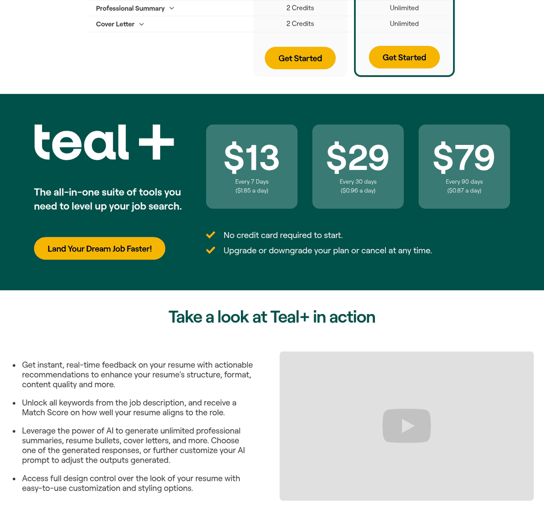 Teal pricing showing a free forever tier and Teal Plus at 13 dollars every 7 days, 29 dollars every 30 days or 79 dollars every 90 days