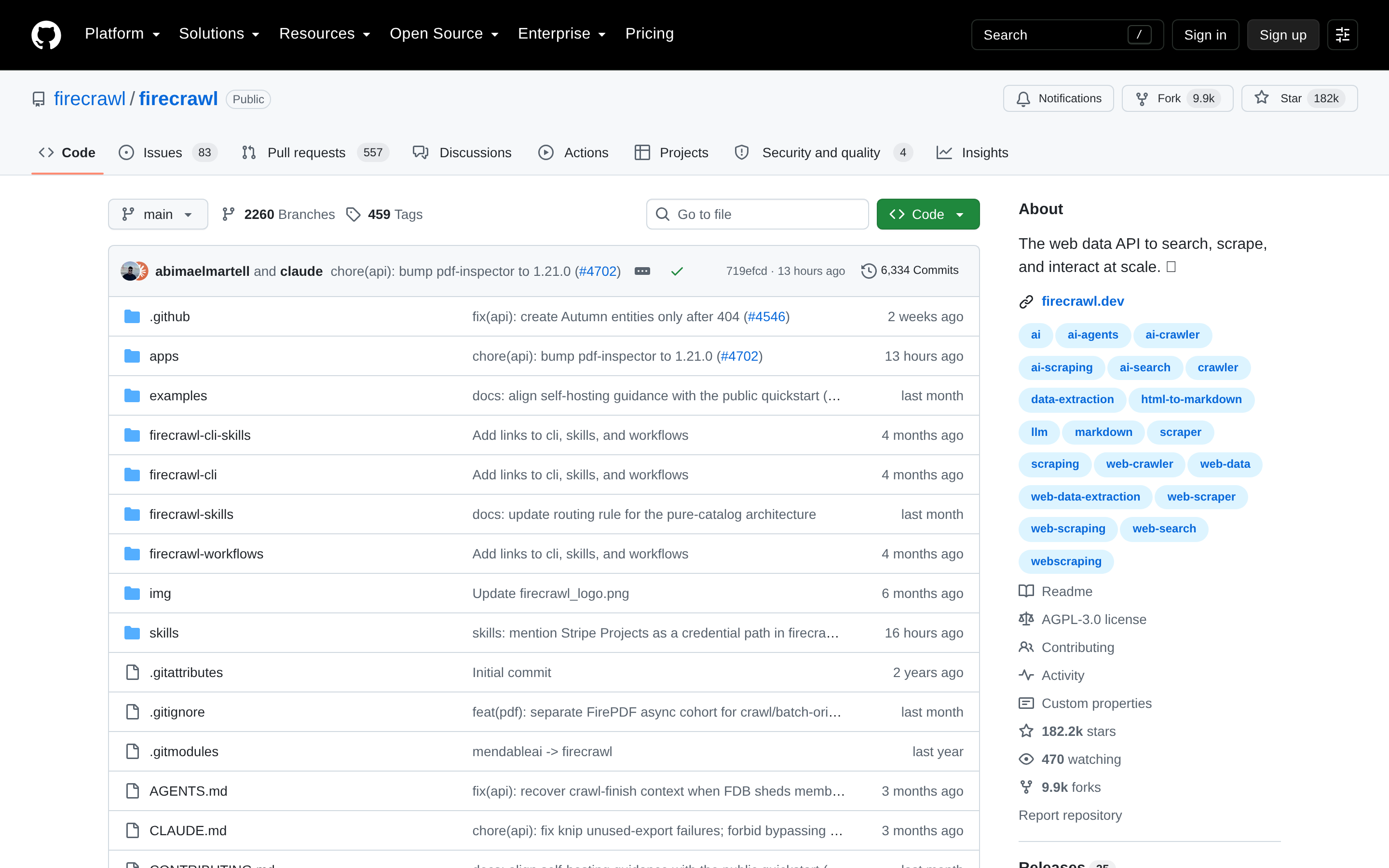 Firecrawl GitHub repository showing 182.2k stars and AGPL-3.0 license