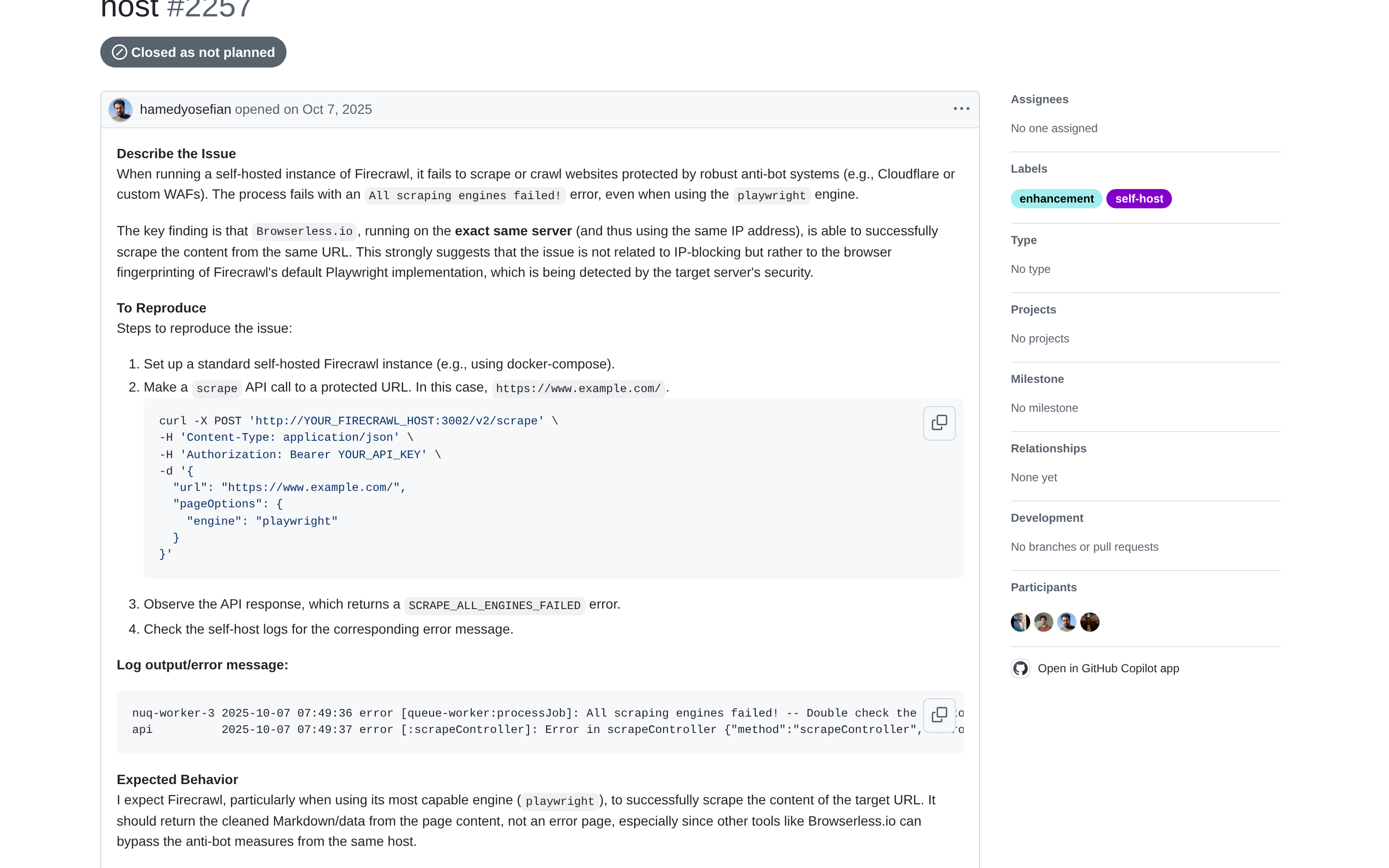 GitHub issue where Firecrawl failed on a protected site but Browserless succeeded from the same IP