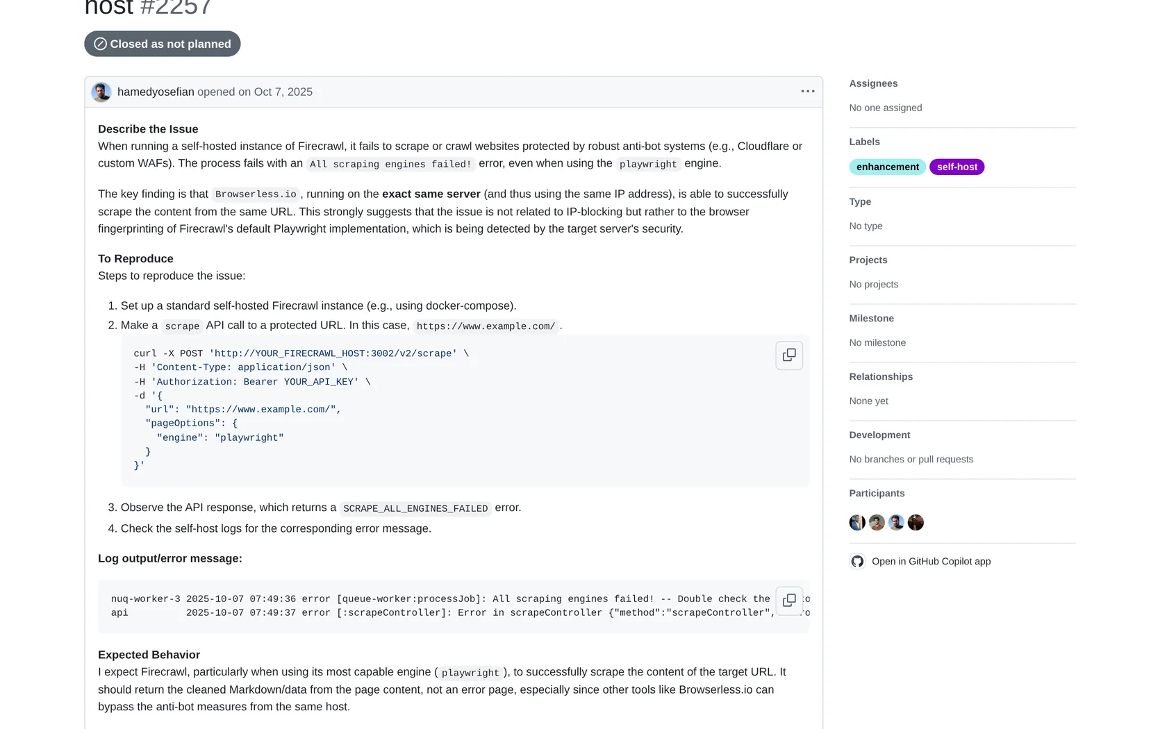 GitHub issue where Firecrawl failed on a protected site but Browserless succeeded from the same IP