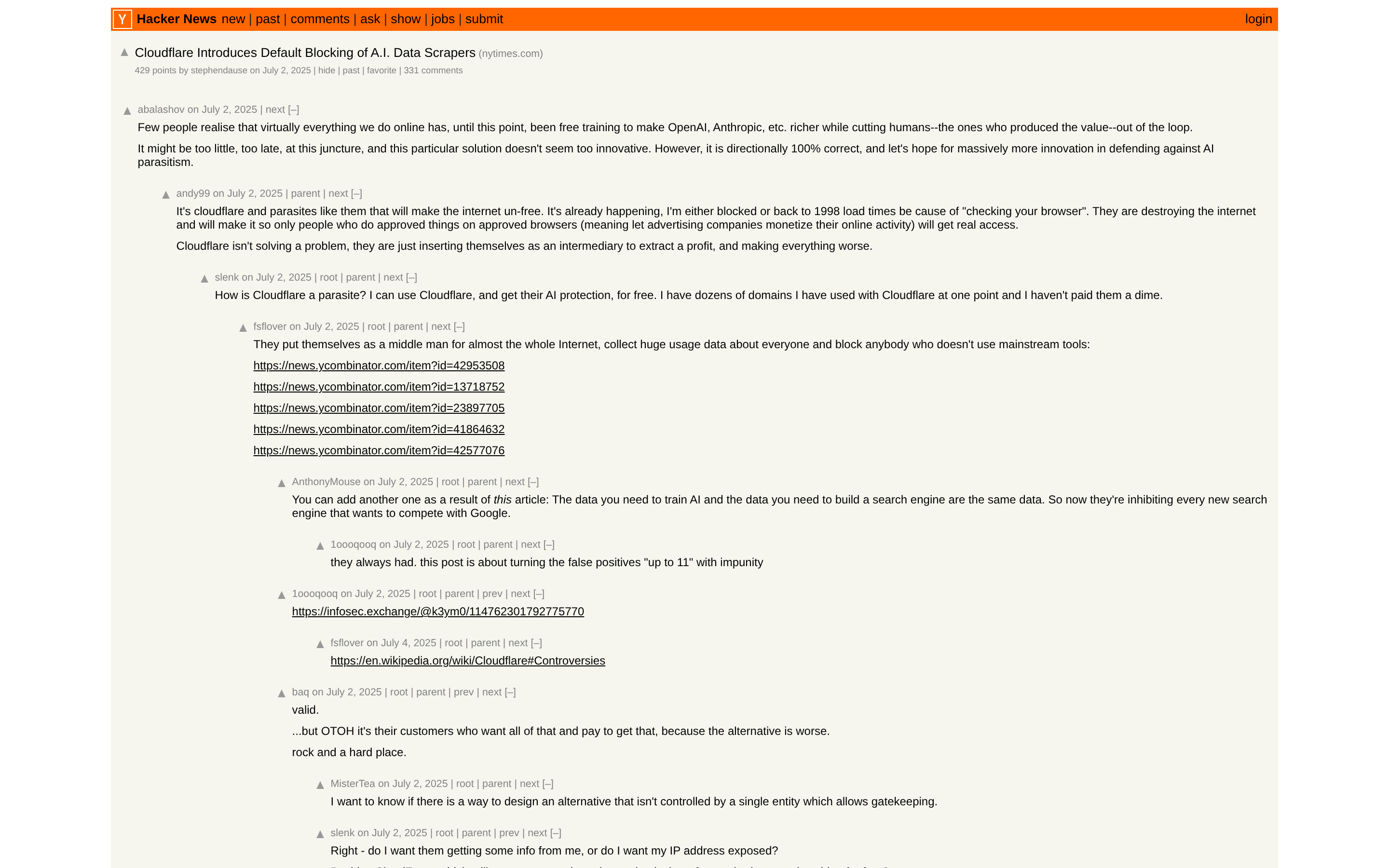 Hacker News discussion of Cloudflare blocking AI data scrapers by default