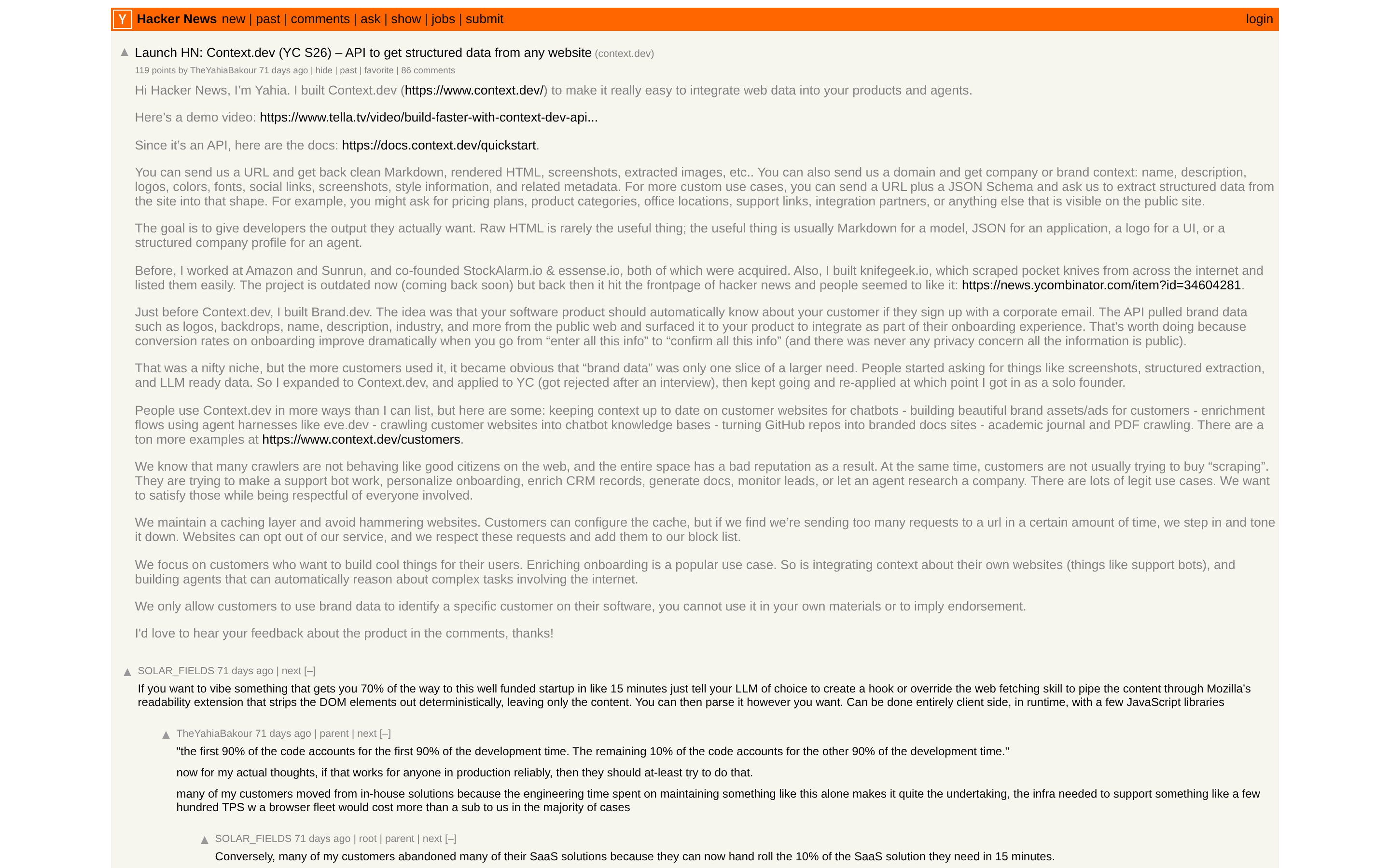 Context.dev Launch HN thread on Hacker News with the founder answering questions