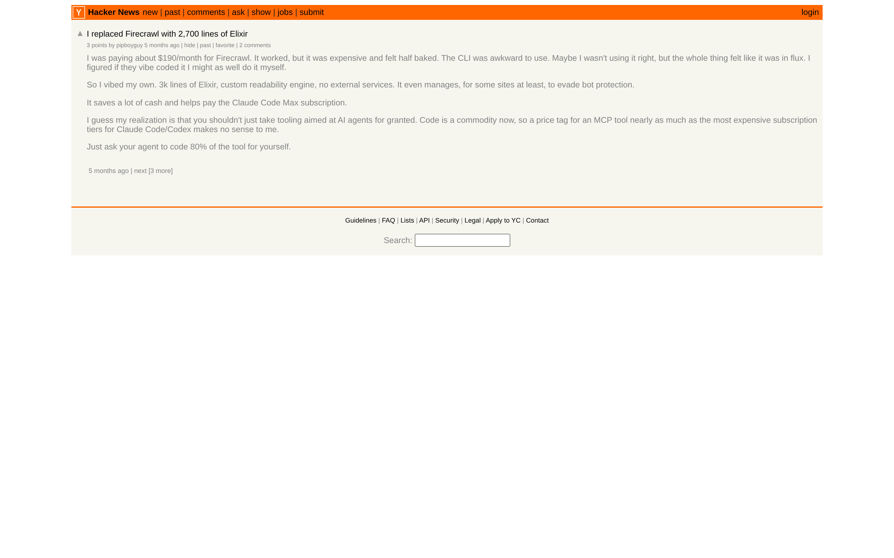 Hacker News comment from a developer who replaced Firecrawl with 2,700 lines of Elixir over cost