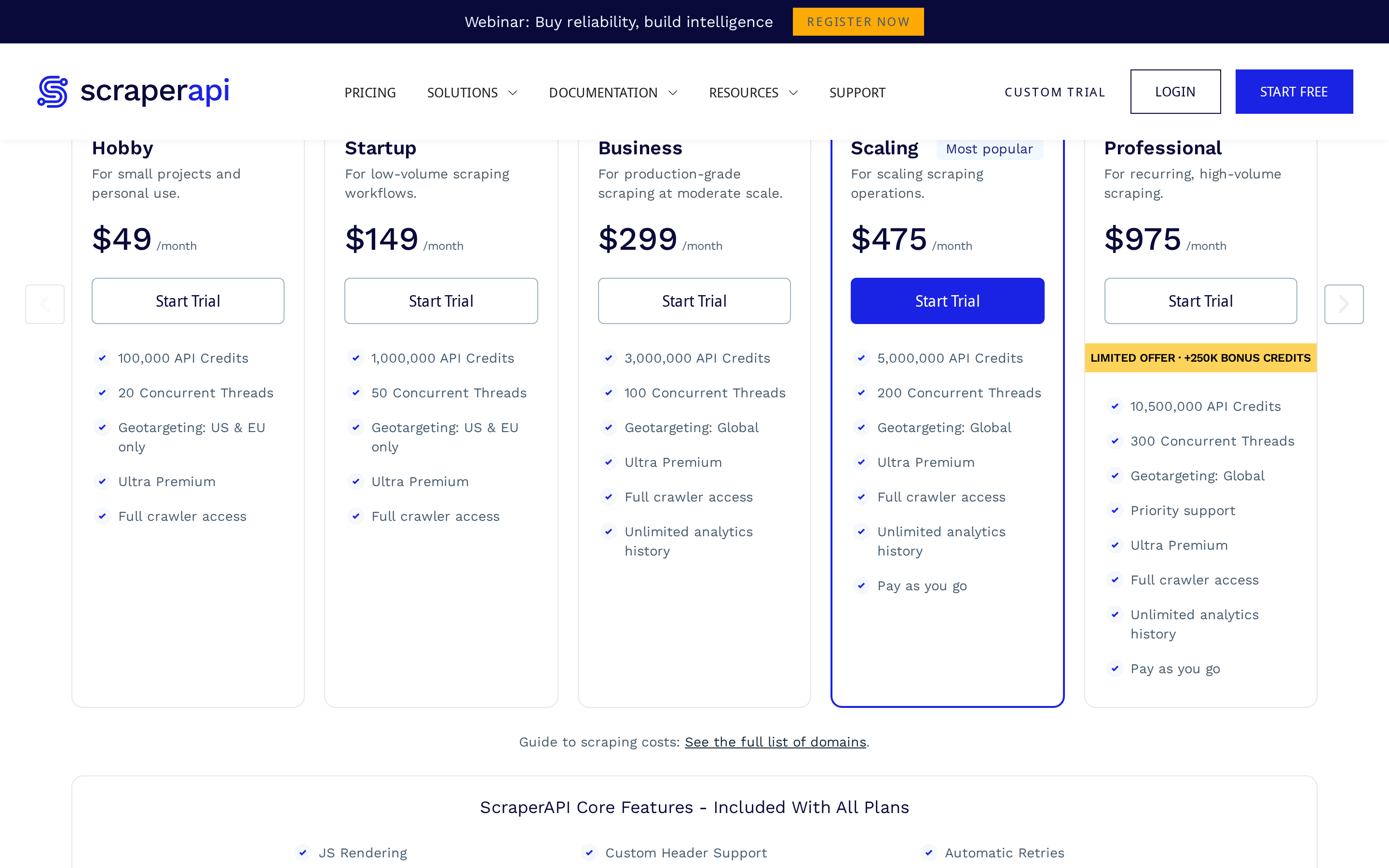 ScraperAPI pricing plans from Hobby to Advanced