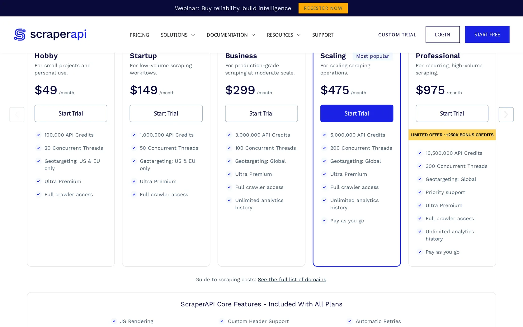 ScraperAPI pricing plans from Hobby to Advanced